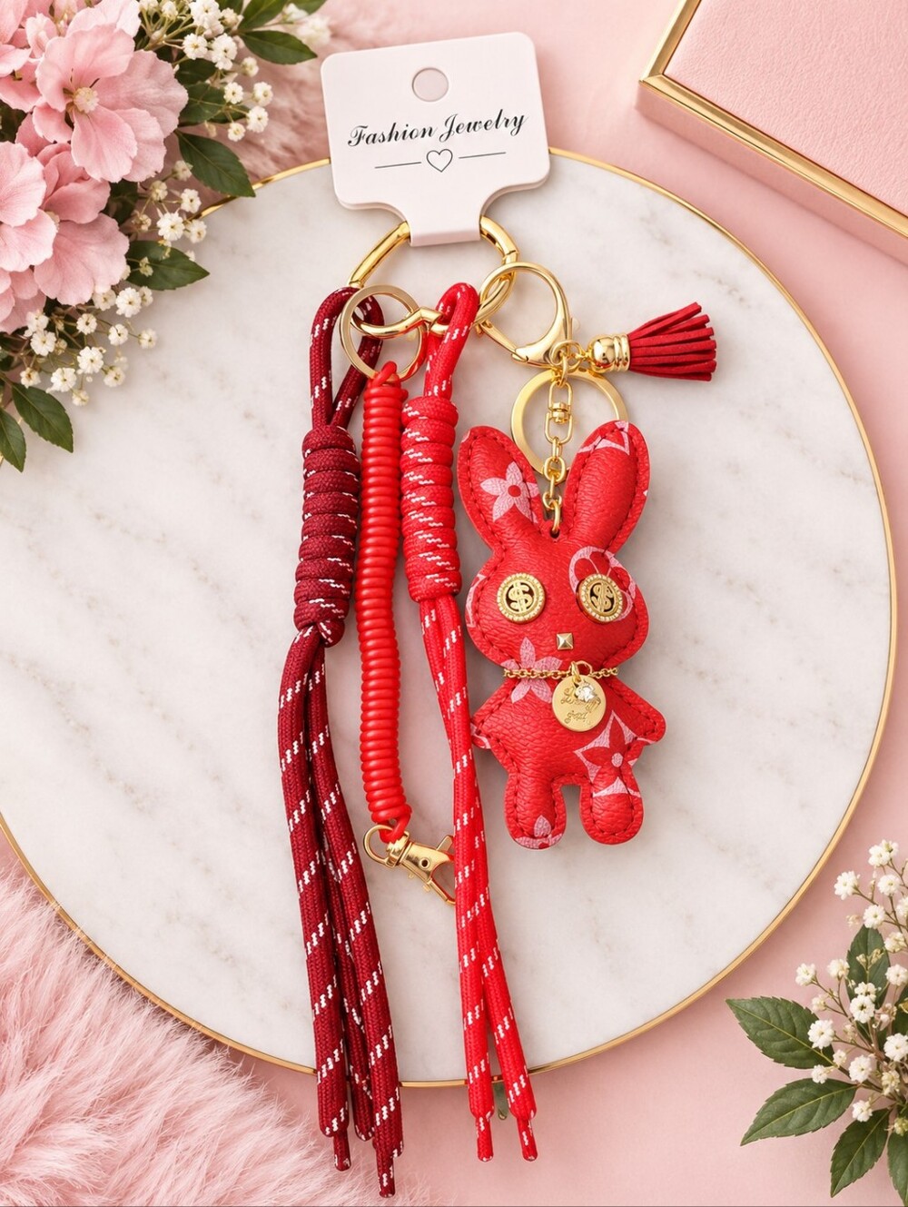 Fashion Jewelry Red Bunny Tassel Keychain with Gold Accents